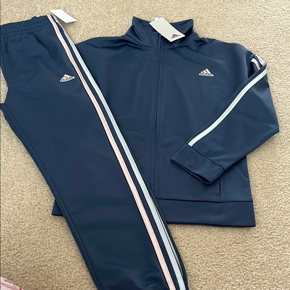Adidas Blue tracksuit with Iconic Stripes- girls 7/8 NWT